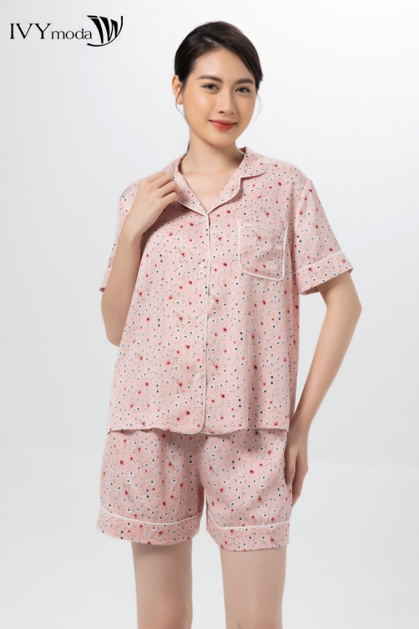 Bộ đồ ngủ pyjama lụa phối họa tiết IVY moda MS 16X1367