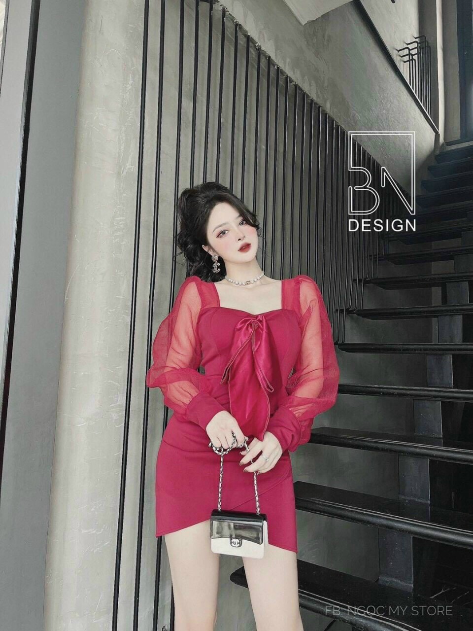 [ hàng mới] Đầm nơ Ngực Tay phối lới siêu xinh