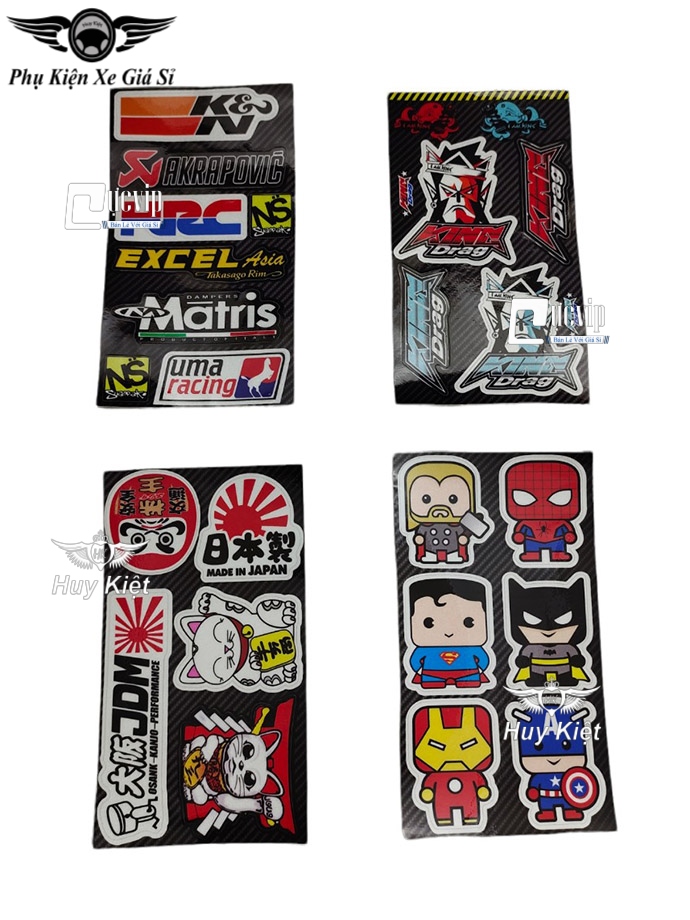 Bộ tem dán phản quang cao cấp logo king drag, mèo thần tài, kn hrc, siêu nhân ms4836