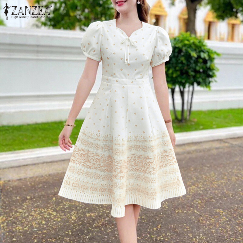 ZANZEA Korean Style Women Elegant Short Sleeve V-Neck Dresses Bowknot  Floral Print Knee Length Dress #0602 | Daraz.lk