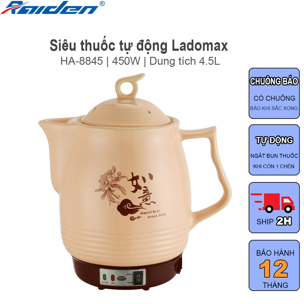 Siêu thuốc tự ngắt 4.5L Ladomax HA-8845 thân gốm tráng men, tự động ngắt khi thuốc còn 1 chén, có chuông reo