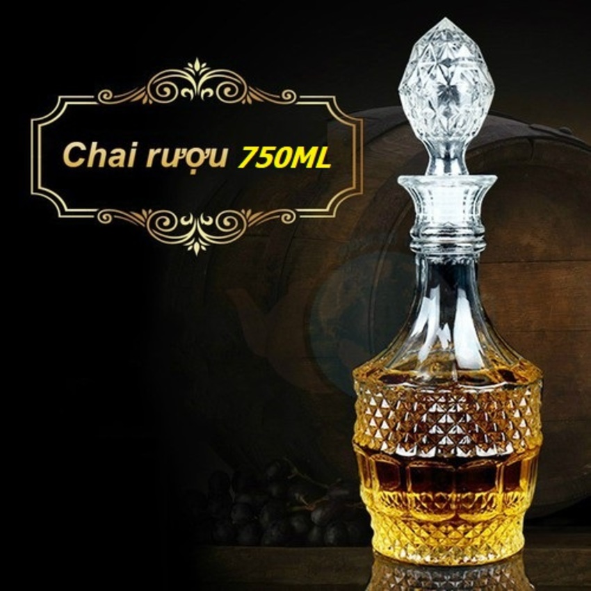 Vỏ Chai Rượu Thủy Tinh 750ML (combo 2 cái) trụ tròn họa tiết nổi – Chai Đựng Rượu Thủy Tinh - Bình Đựng Rượu (B2)