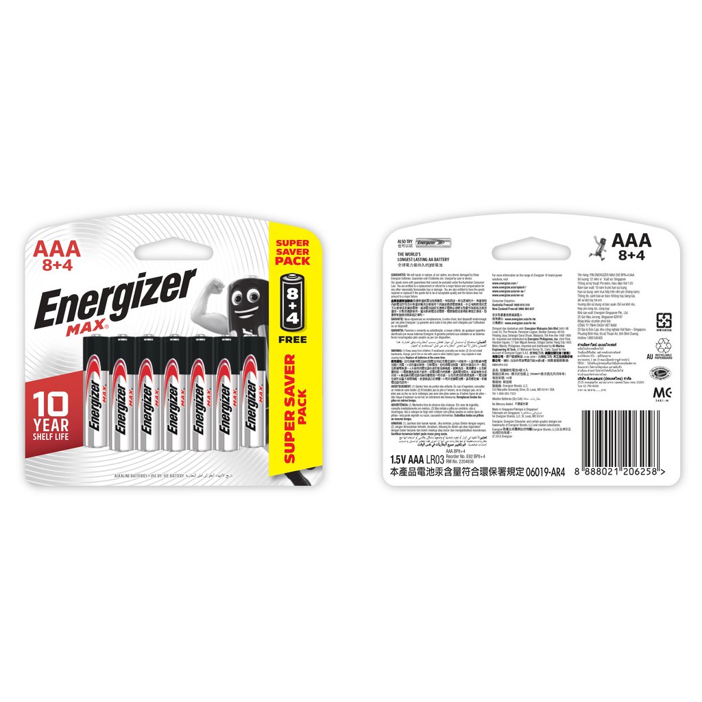 Pin AAA Energizer Max E92 BP8+4 - Vỉ 8 Tặng 4