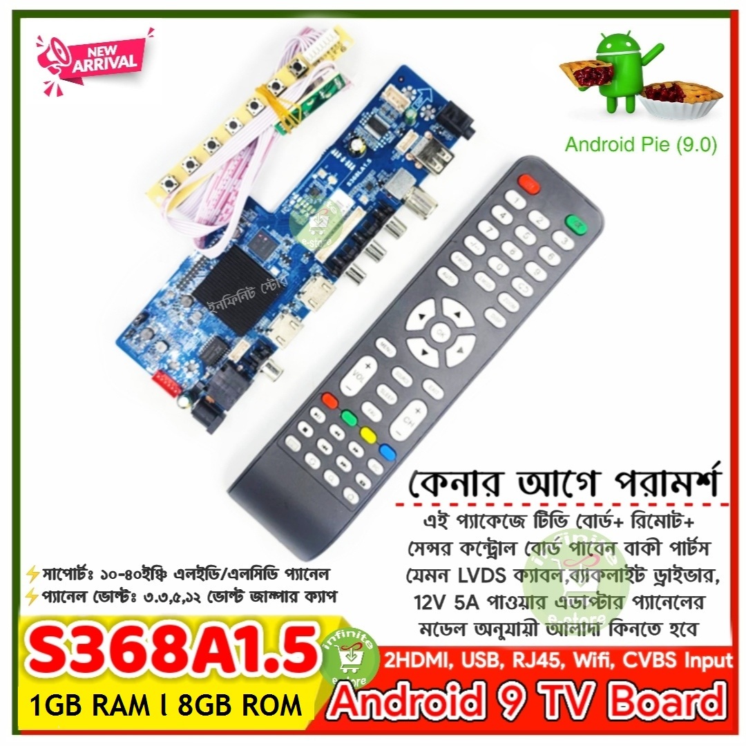 S368A1.5 Android 9 Pie Quad Core Network Smart TV Motherboard 1GB 512MB RAM +8GB 4G ROM + Manu Keyboard Use Old Laptop Display by Power Flash