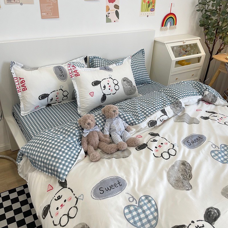 Chăn ga gối cotton poly - Mẫu gấu tim xanh