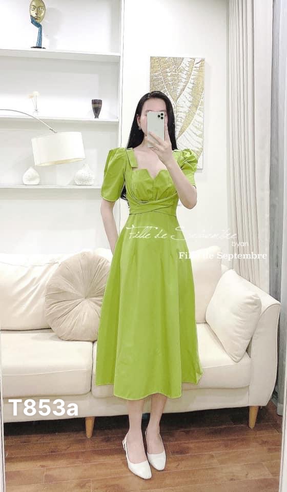 Đầm xoè đan dây cột nơ tay phồng màu y hình tơ xước T853a