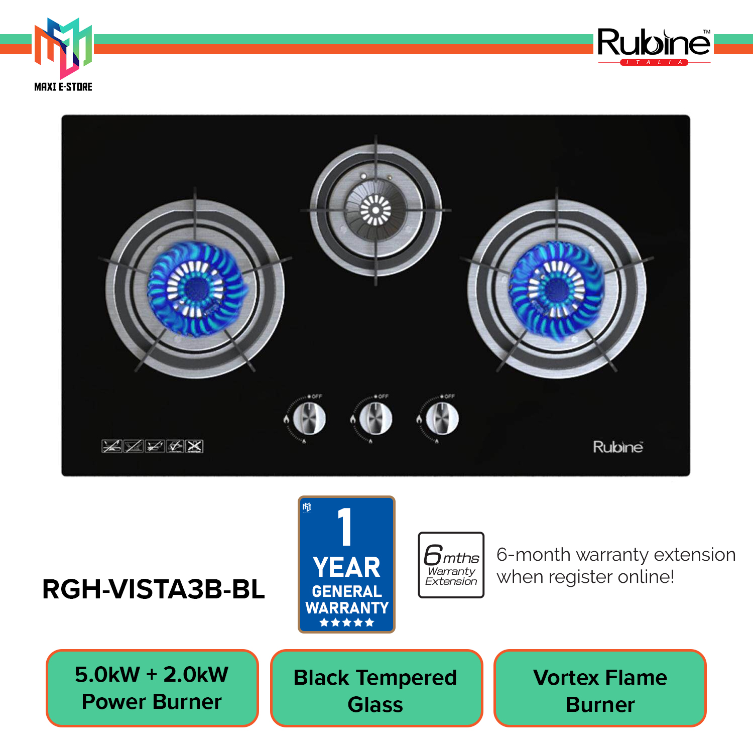 Rubine Vista Built In Black Tempered Glass Gas Hob 3 Burner 50kw 2