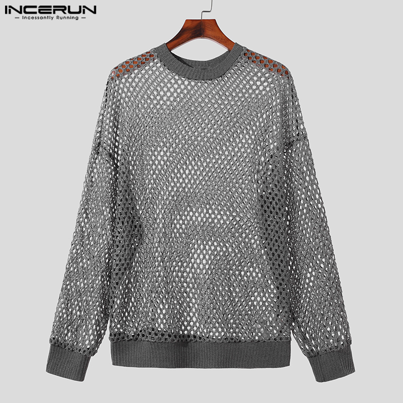 INCERUN Mens Long Sleeve Streetwear Fashion Loose Hollow Out Plain Tops Crew Neck Knitted Sweaters