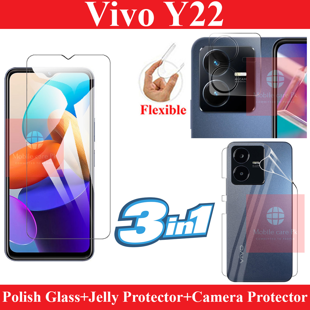 Vivo Y22 Tempered Glass Screen Protector + Back Hydrogel Soft Film jell Protector Sheet + Flexible Camera Protector 9H Gorilla Protector For Vivo Y22. 