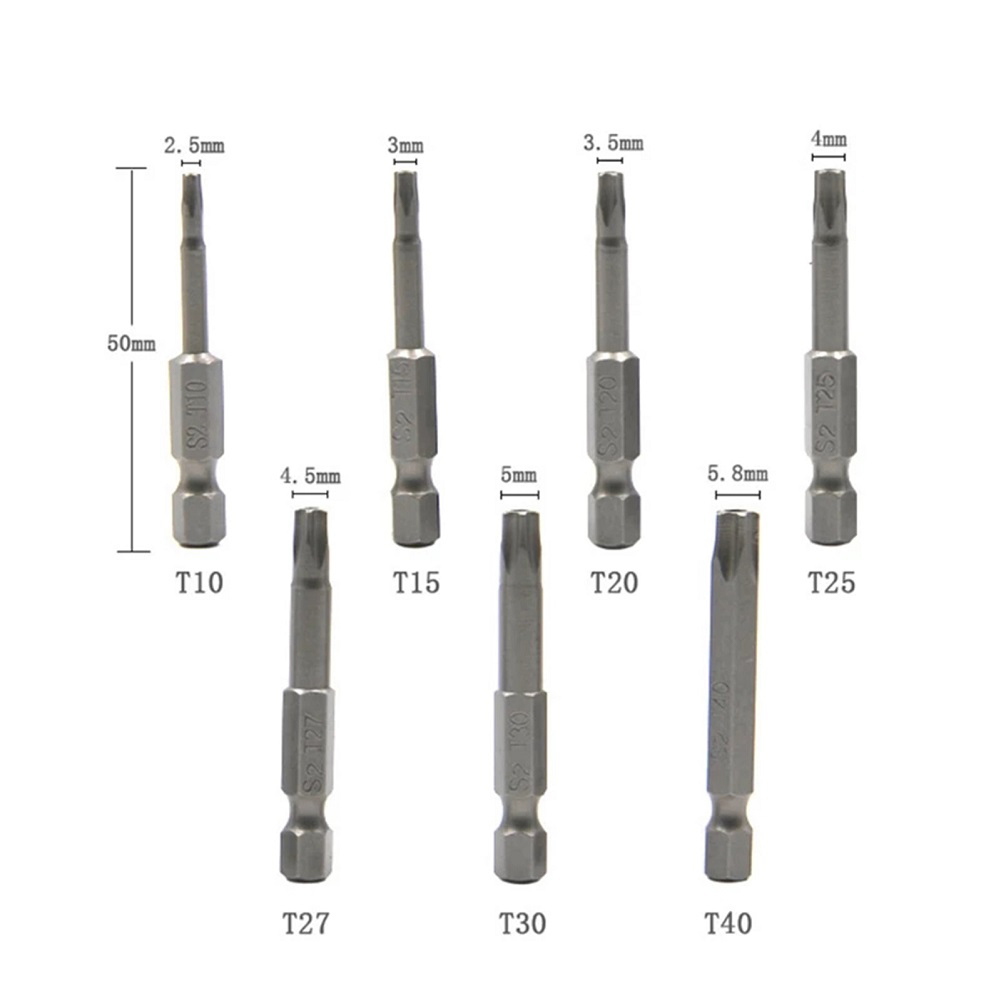 Toolstar 1/7Pcs 50mm 1/4 Hex Shank Five-point Magnetics Torx Screwdrivers Bits T10-T40