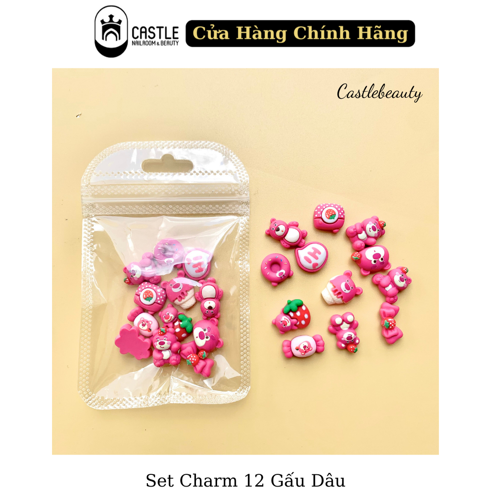 Set 12 Charm Gấu Dâu Đính Móng Siêu Hot