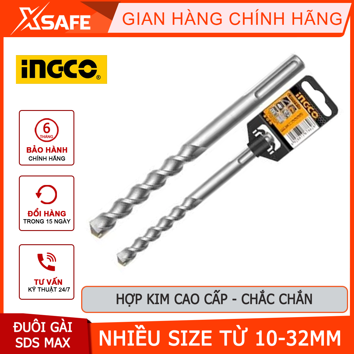 Concrete drill bits ingco tail tuck SDS Max size from 10-32mm, rugged alloy, used drill Betong, tile, stone [genuine] [xsafe]