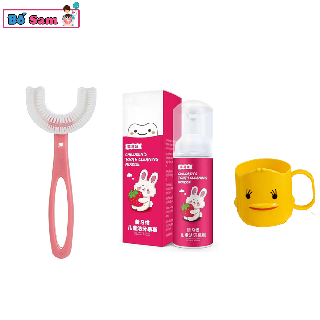 Set 3 chi tiết bàn chải đánh răng chữ u, cốc và kem đánh răng silicon cho bé Shop Bố Sam
