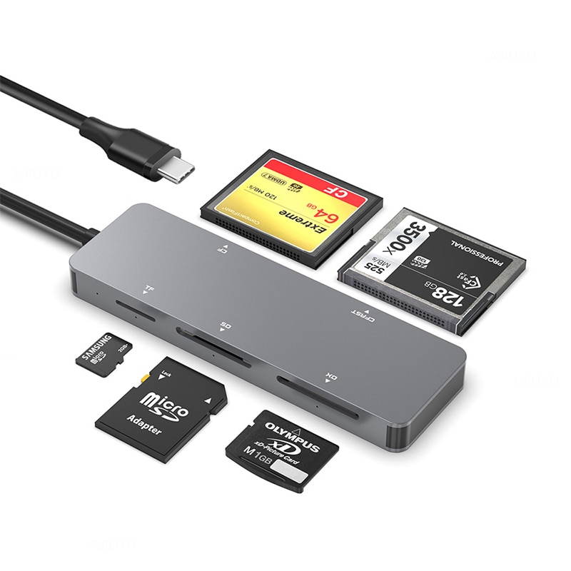 Ajiuyu type c card reader 5 in 1 usb c to xd sd tf cf cfast memory card 5gbps multiftional aluminum alloy for mac os windows