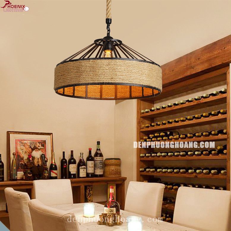 Đèn thả dây thừng lồng sắt kiểu dáng vintage