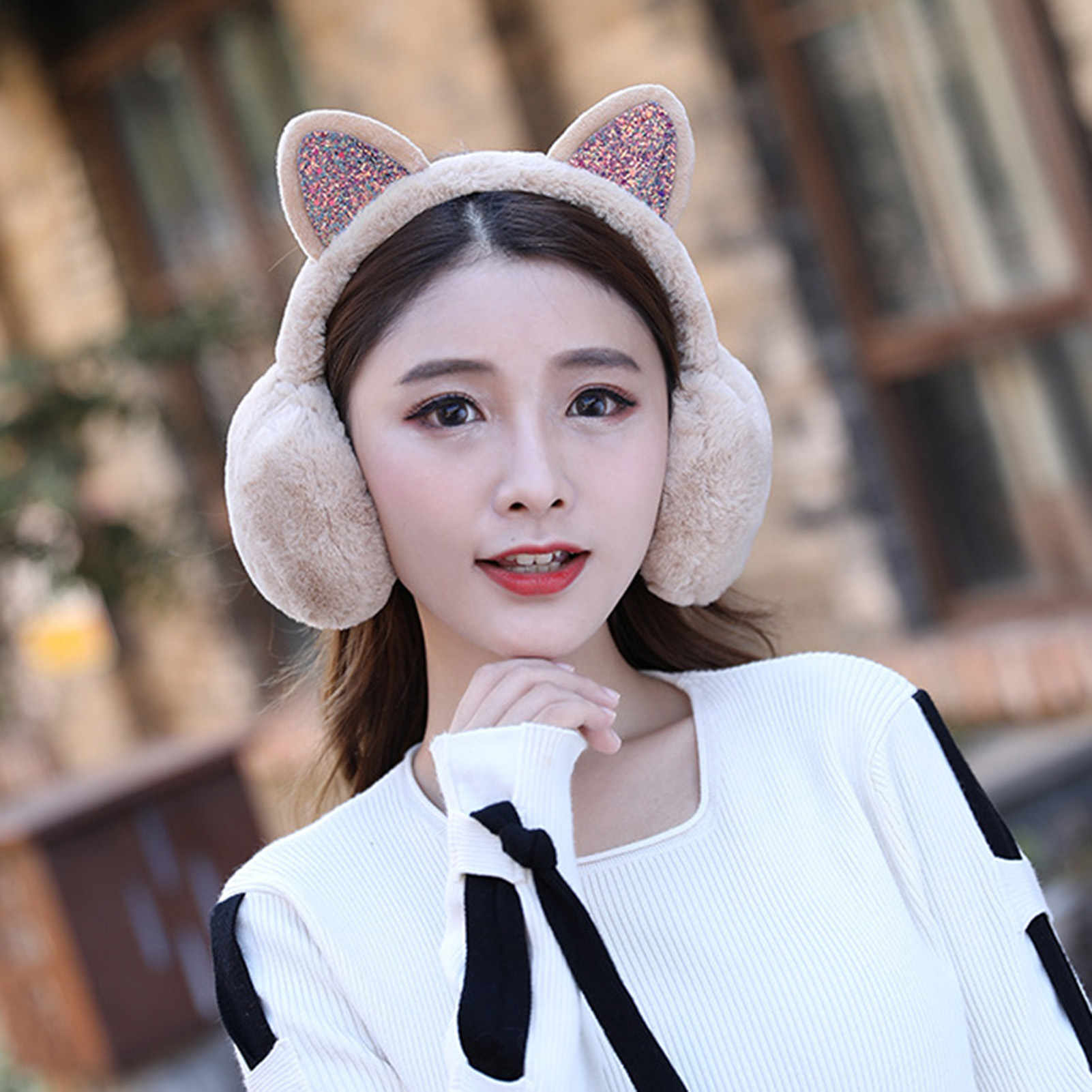 [huahankuang] Ear Muff Sequined Ears Winter Thicken Windproof Ear Warmer for Outdoor