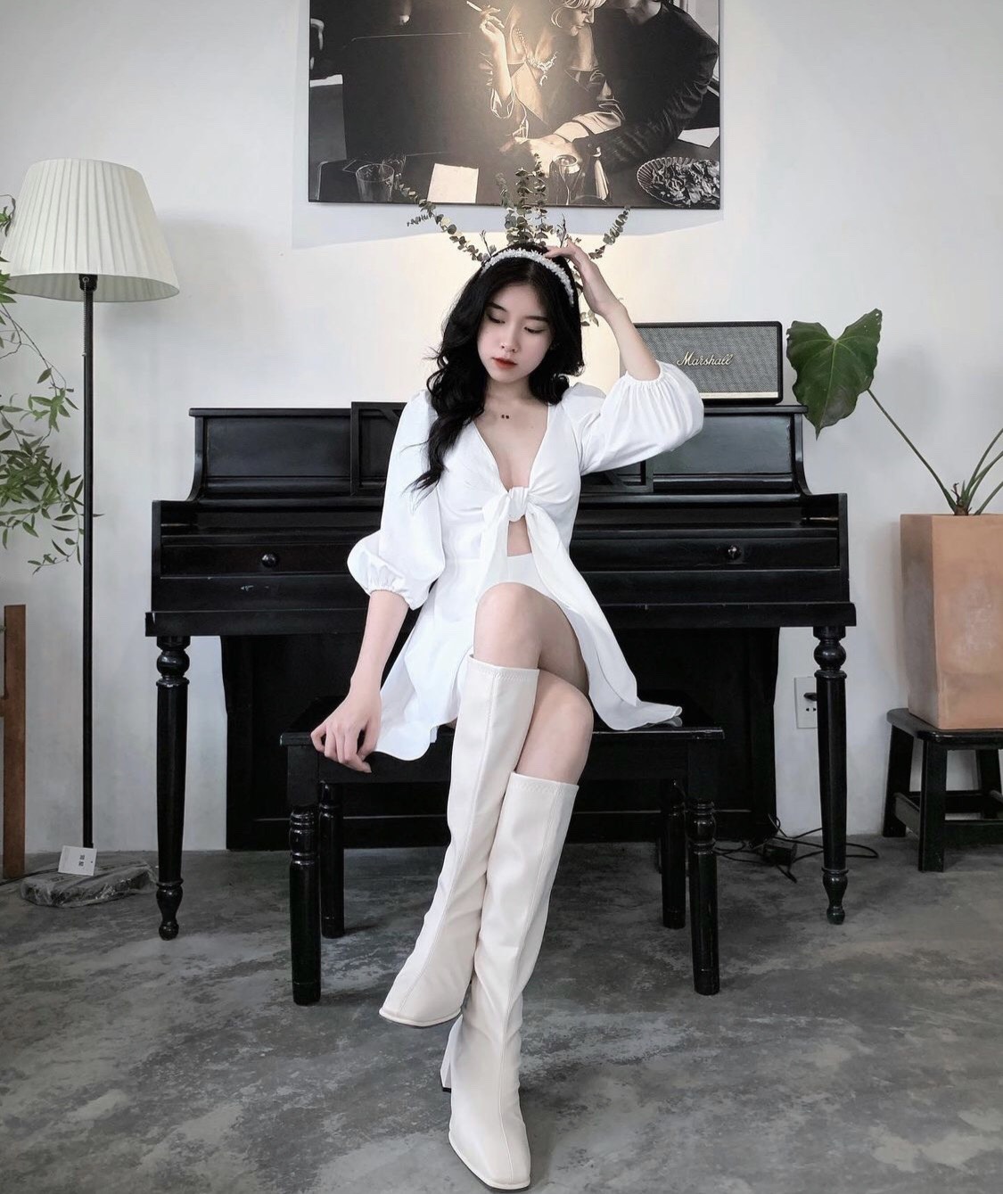 Đầm tay phồng cột nơ ngực H3734