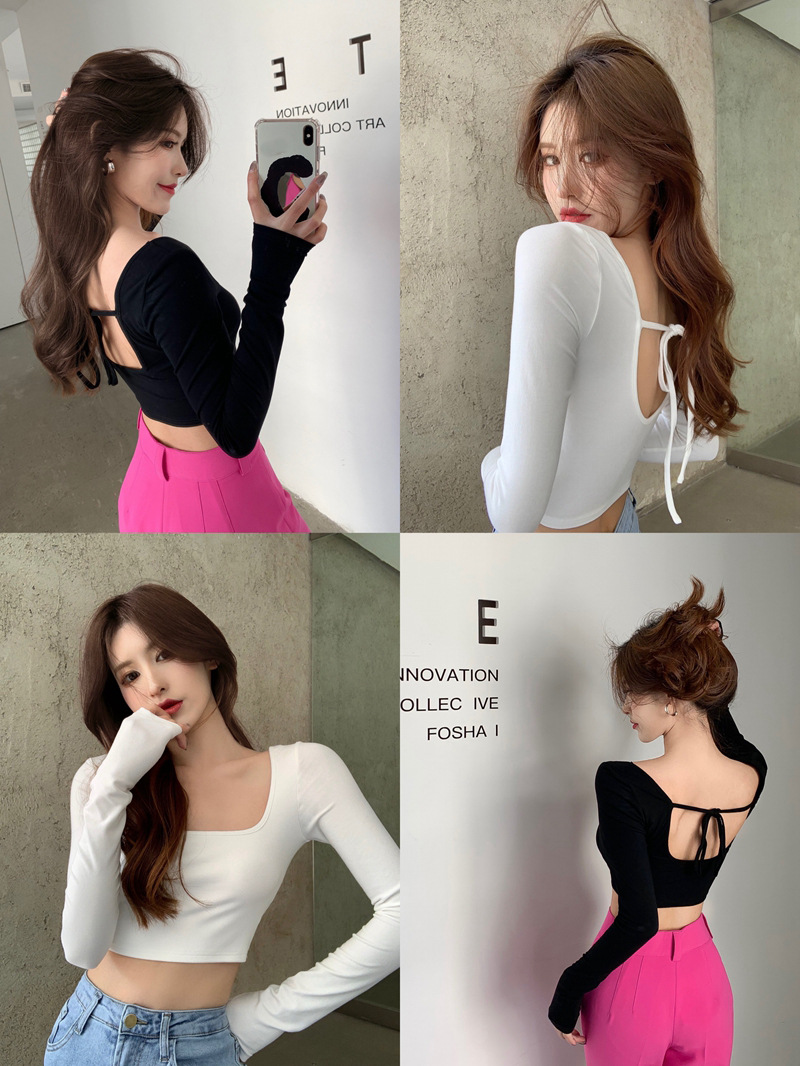 Hot Girl Square Neck Long Sleeve T-Shirt Women's Fall 2023 New White Lace-up Cropped Open Back Slim Base Layer Top
