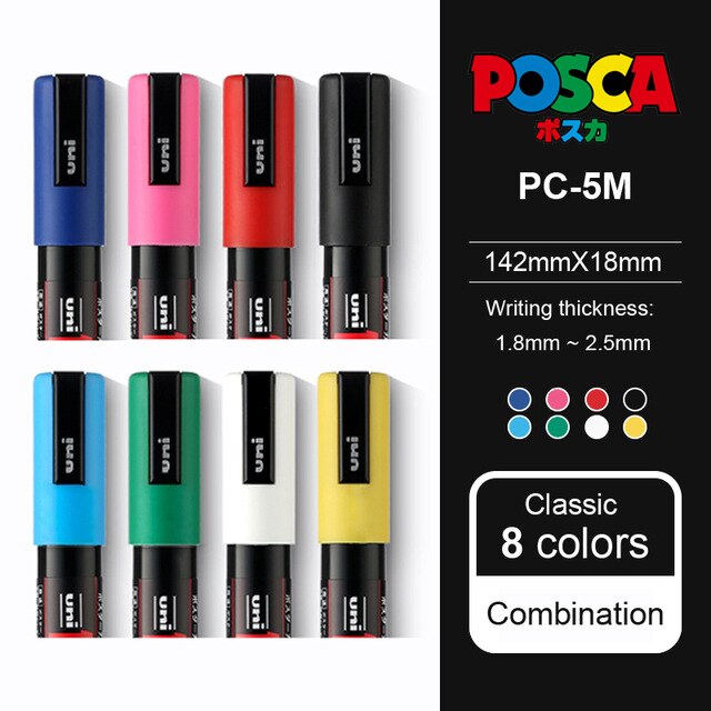 Uni Posca Full Set Acrylic Paint Markers Pens PC-1M PC-3M PC-5M  7/8/12/15/24/29C for Rock Painting,Frabric,Glass/Metal,Graffiti