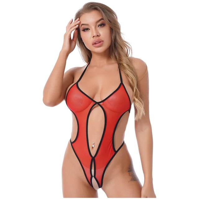 Womens Swimsuit Bikini Set See-through Mesh Bodysuit Underwar Halter Neck Lace-up Crotchless Leotard Woman Sexy Cutout Beachwear