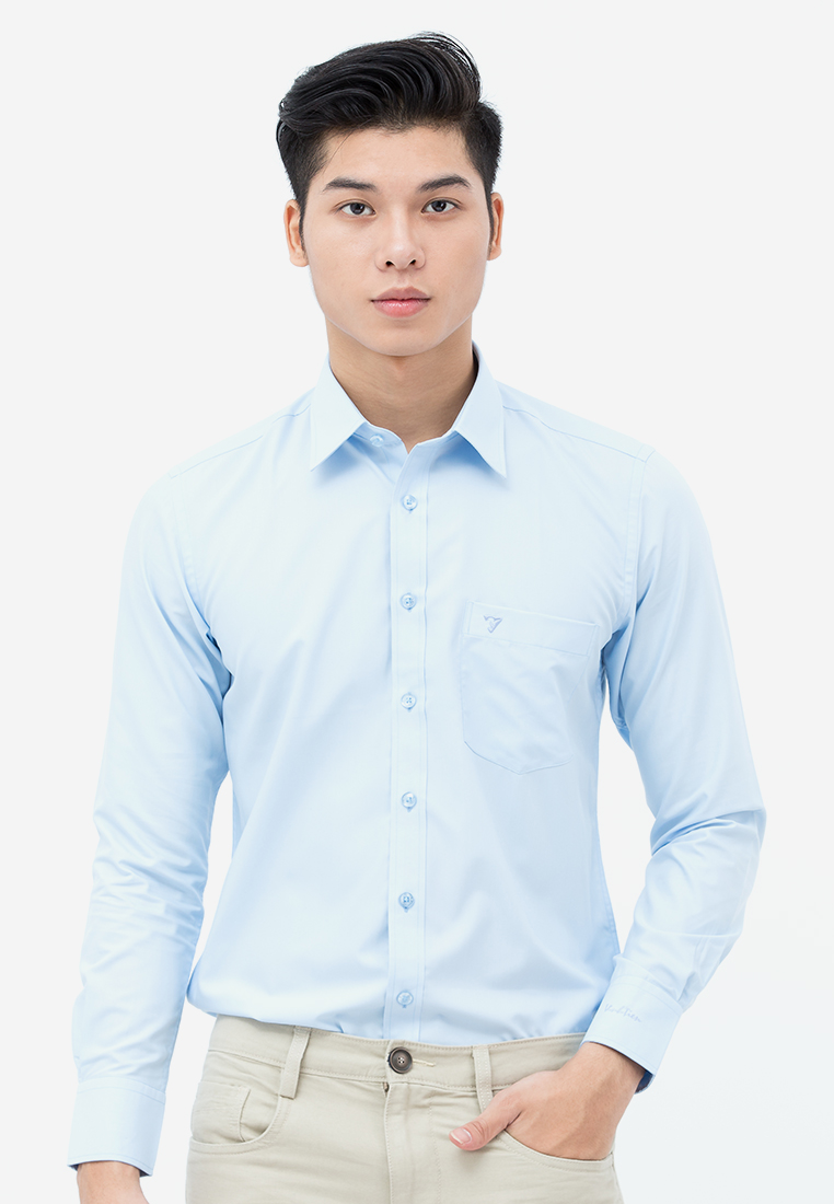 (Freeship) Áo sơ mi nam trơn màu tay dài vạt bầu Slim Fit Vĩnh Tiến 330 - xanh da trời