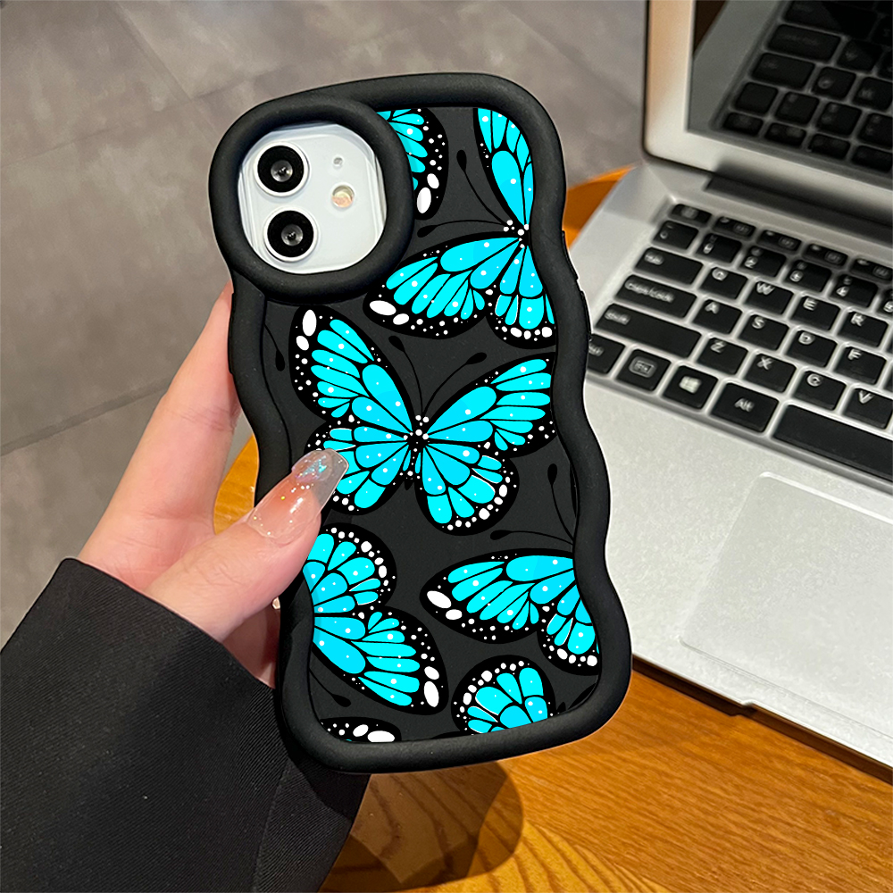 AMORVOR for OPPO A16 A16S A15 A15S A17 A17K Back Cover Sky Blue Butterfly Pattern Luxury Phone Case Macaron Wave Soft Silicone Mobile Cover.