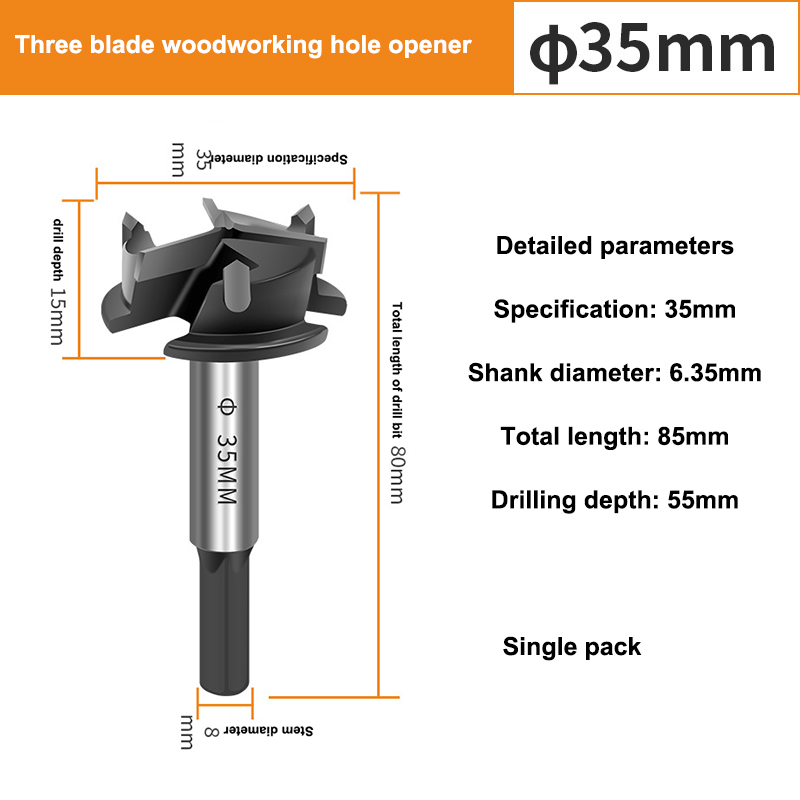 Three blade woodworking hole opener 35mm woodworking alloy drill bit, wooden board tabletop hole punching, hinge hole opener drill bit