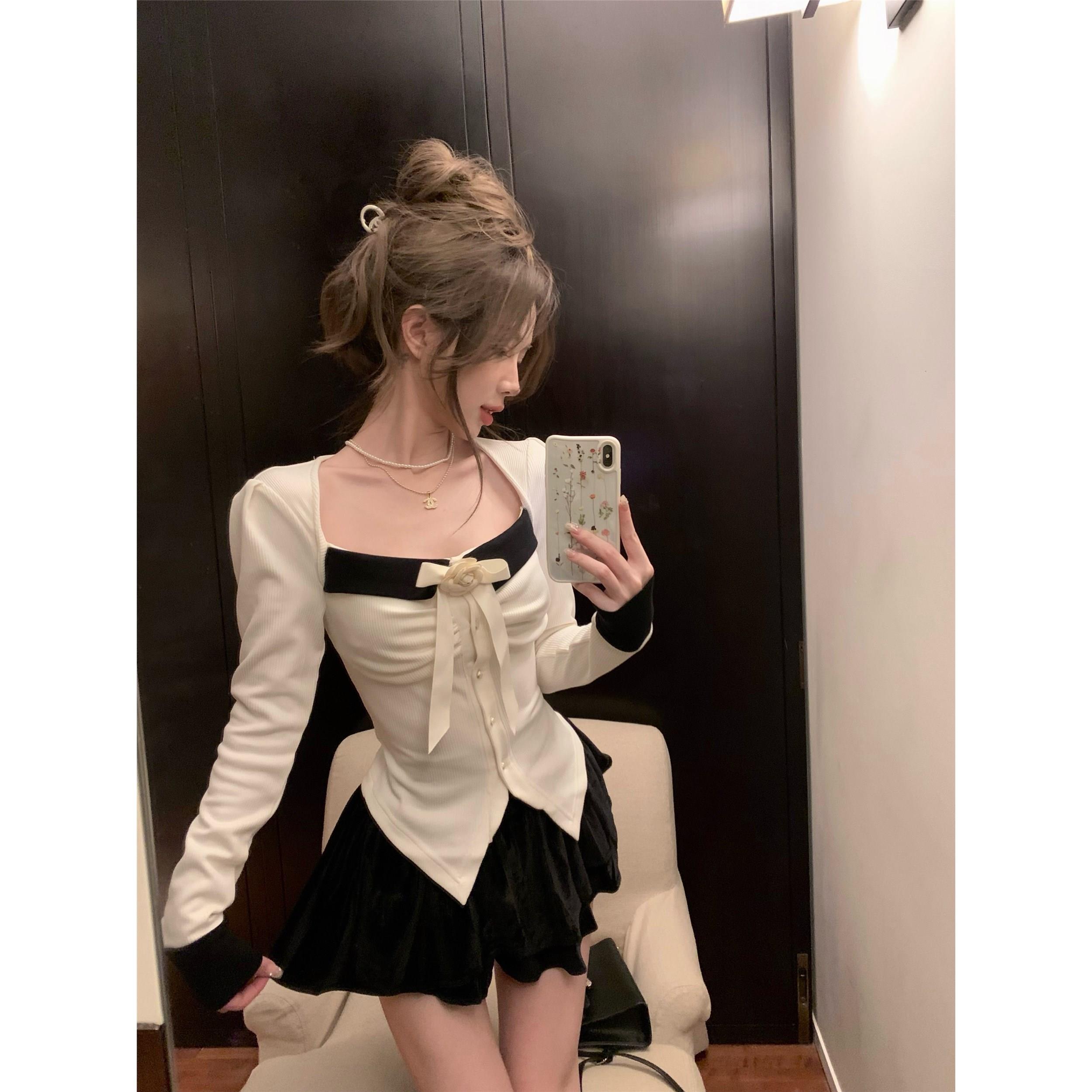 One-Piece/Suit Elegant Socialite Contrast Color Stitching Style Top Black Velvet Skirt for Women Autumn and Winter
