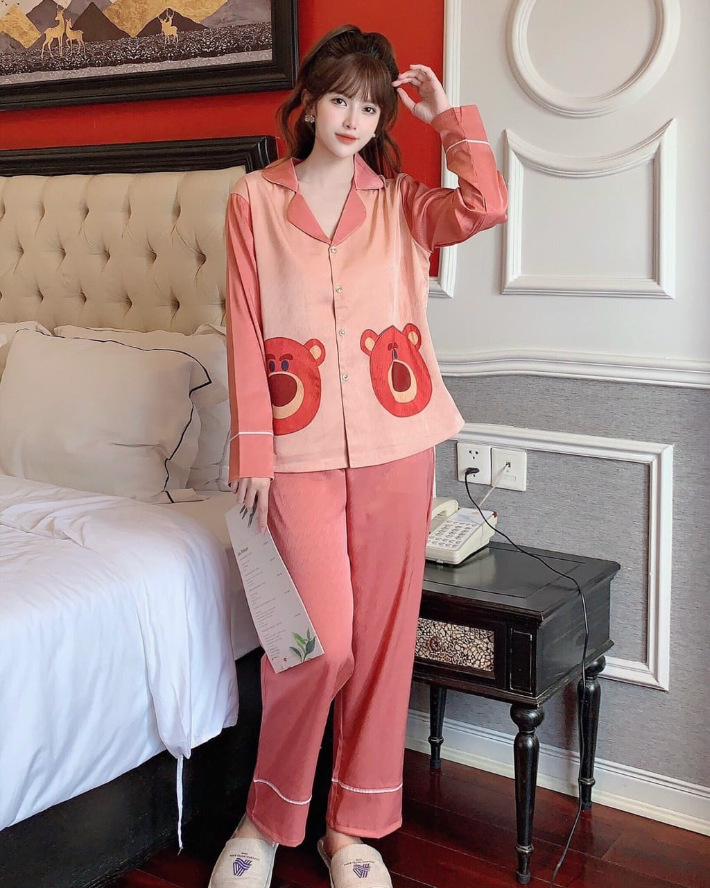 Đồ Bộ Lụa Satin Cao Cấp Dài Kiểu Dáng Cực Xinh  - Mẫu mặc sp thật