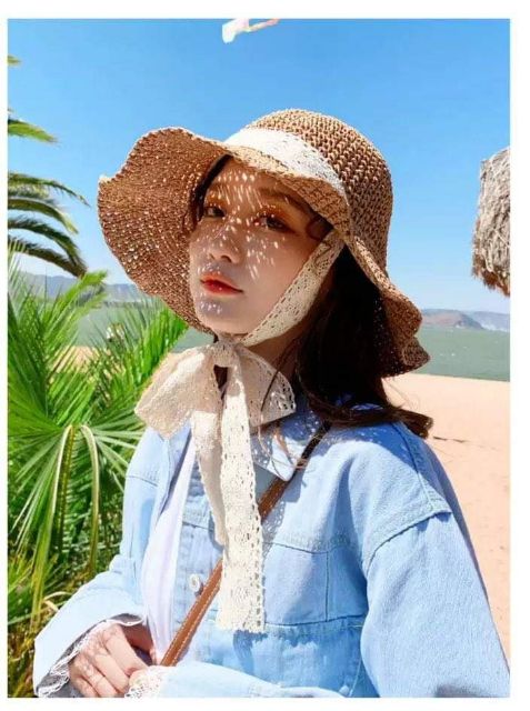 (Quà tặng không bán) Nón cói mềm dây cột nơ ren đi biển