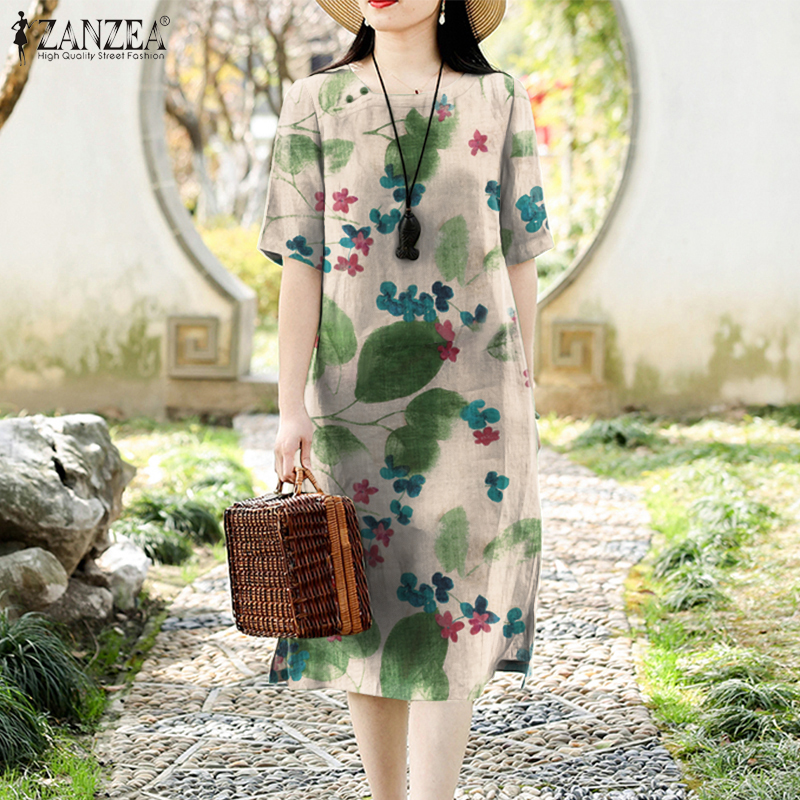 lazada dress casual Three Quarters Sleeve Casual Dresses FALLEG Boho Long Dress Vintage Floral Print Chiffon Three Quarter Sleeve