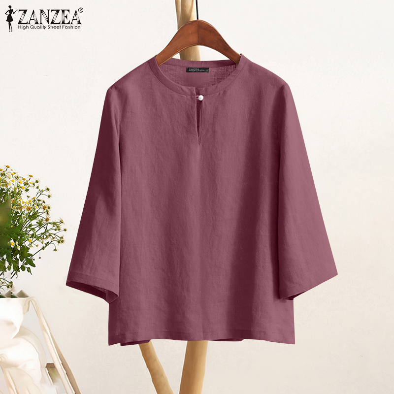 ZANZEA%20Women%20Casual%20Crew%20Neck%20Solid%20Color%20Tops%20Three%20Quarter%20Sleeve%20Shirt%20Solid%20Bohemian%20Blouses%20-%20Image%203
