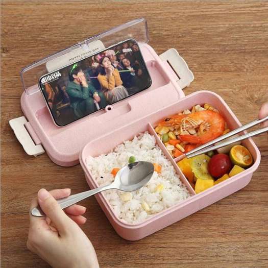 Khay đựng cơm lúa mạch 3 ngăn tặng kèm đũa và thìa (TC0110)