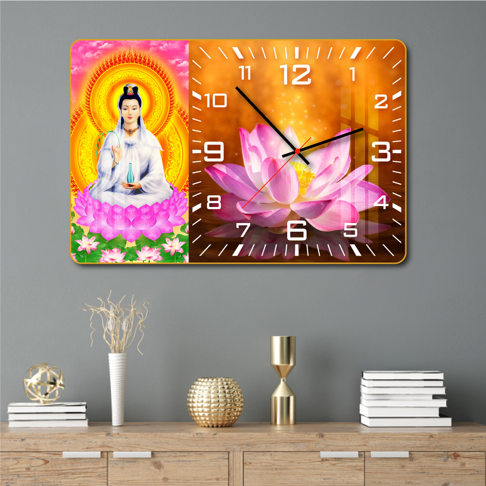 Lalashop - Tranh Phật Kèm Đồng Hồ Treo Tường Tráng Gương Cao Cấp Tranh đồng hồ tráng gương decor phòng khách Tranh Treo Tường Phật Quan Âm Bồ Tát Tranh Phật