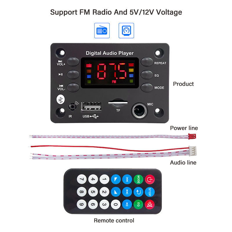 12V Bluetooth 5.0 Bảng Mạch Giải Mã MP3 máy nghe nhạc MP3 Hands-free âm thanh trên xe hơi Kit Microphone USB Radio FM hỗ trợ thẻ TF MP3 loa Máy nghe nhạc