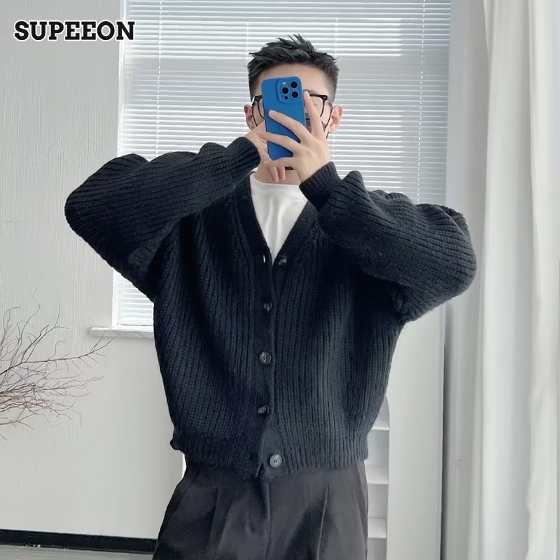 SUPEEON Men s cardigan sweater loose fit solid color knit versatile coat