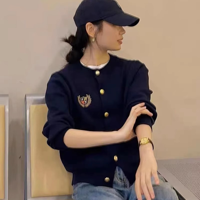 Guima English style cashmere cardigan women's crewneck College embroidery metal buckle loose wool knit sweater over sweater