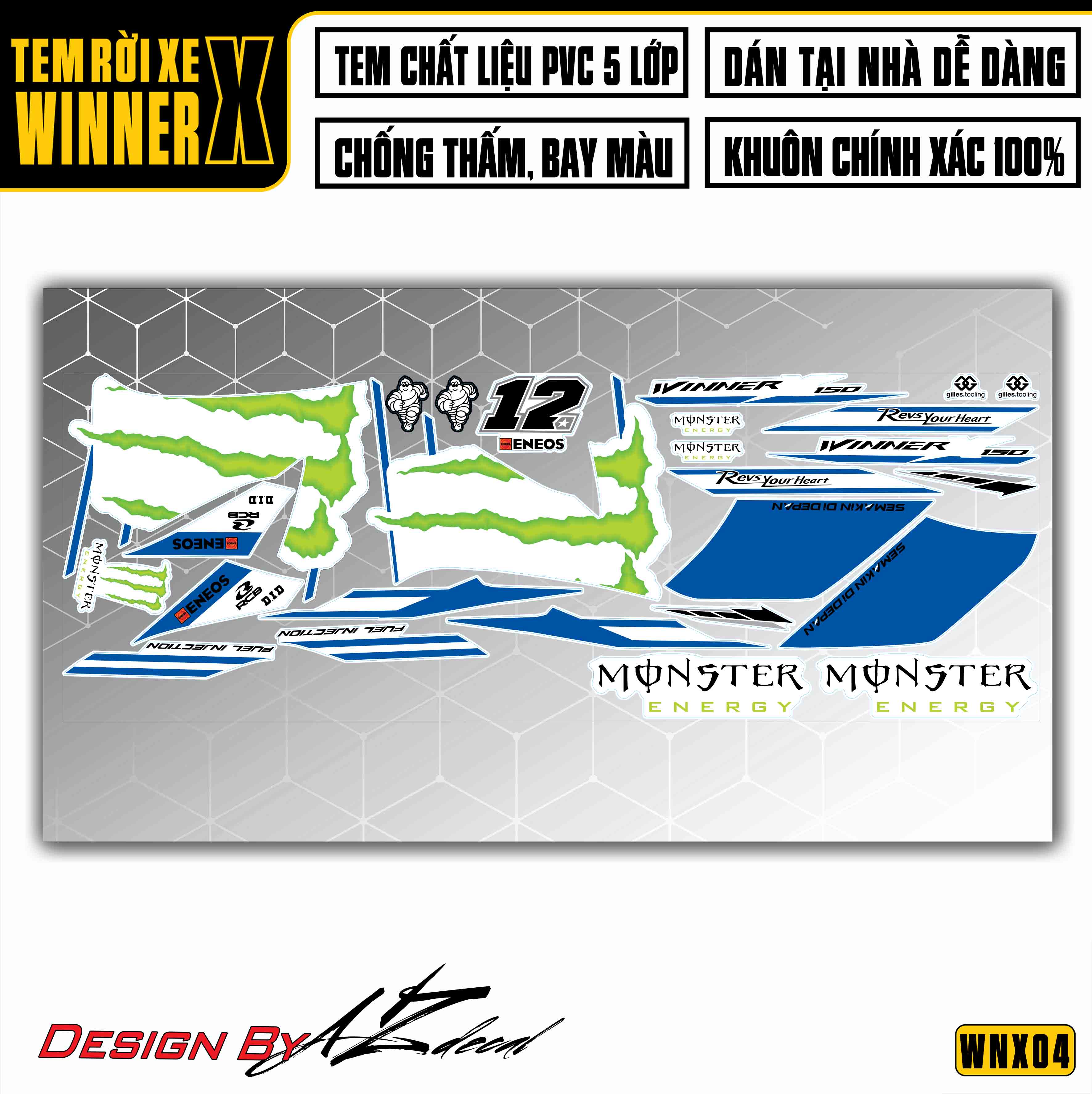 Tem Rời Xe Winner X Chủ Đề Monster | WNX04 | Decal Chế Chống Bay Màu, Áp Dụng Xe Màu Đỏ, Đen, Trắng - Azdecal