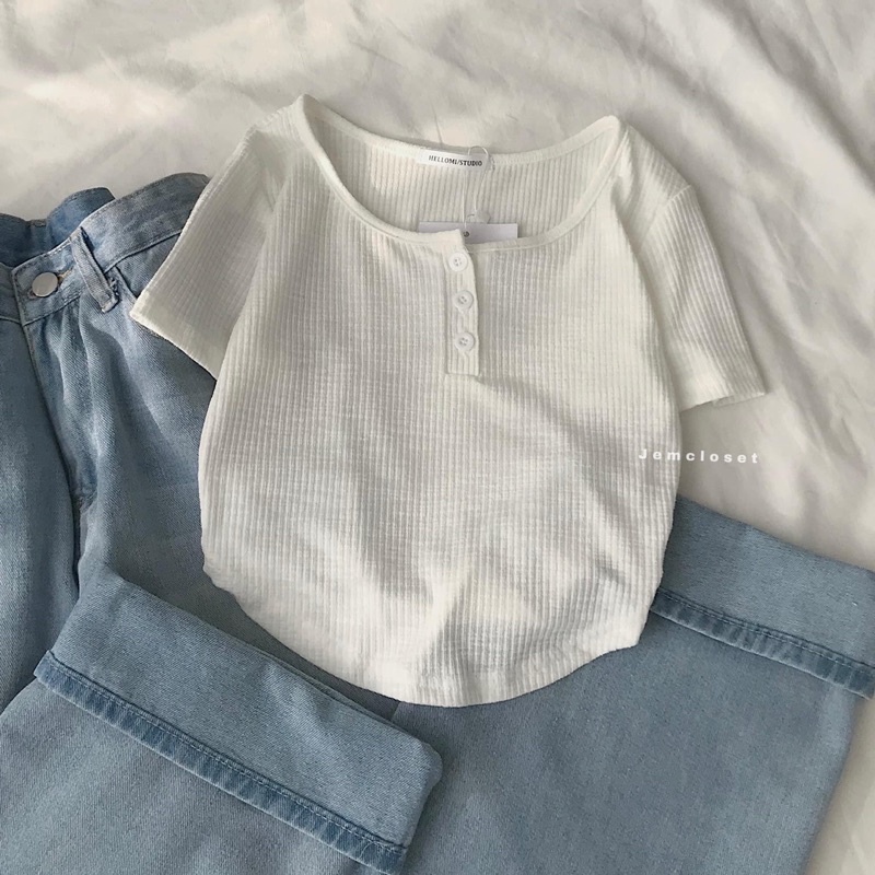 Set Baggy jeans ống suông trơn + croptop gài nút