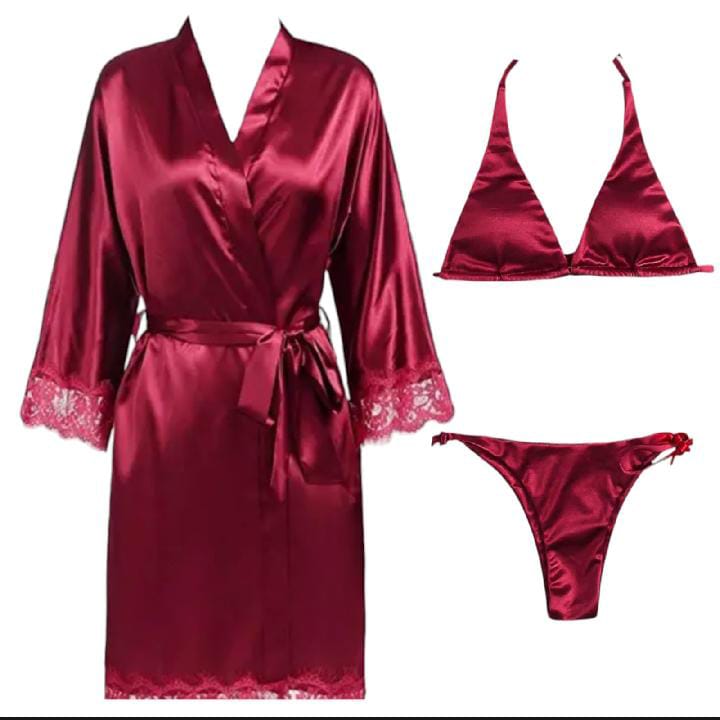 Women 3 Piece Sexy Nighty Sleepwear Silk Satin night dress Lingerie Set With Robe and Short Gown Bridal for Ladies and Girls for Night Wear Bra-Meroon