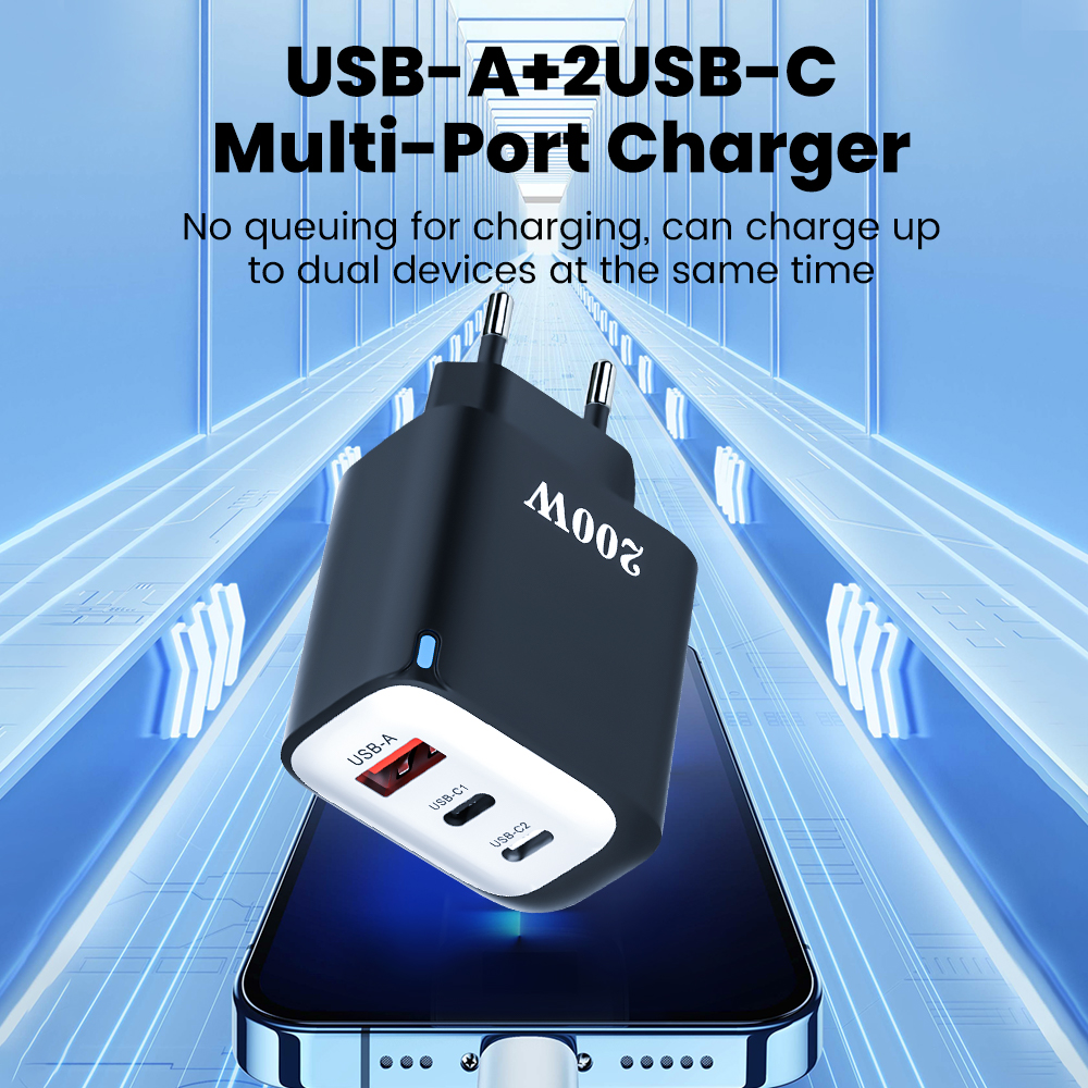 200W USB Type C Charger Quick Charge Portable Fast Charger 1U+2C Multi ...
