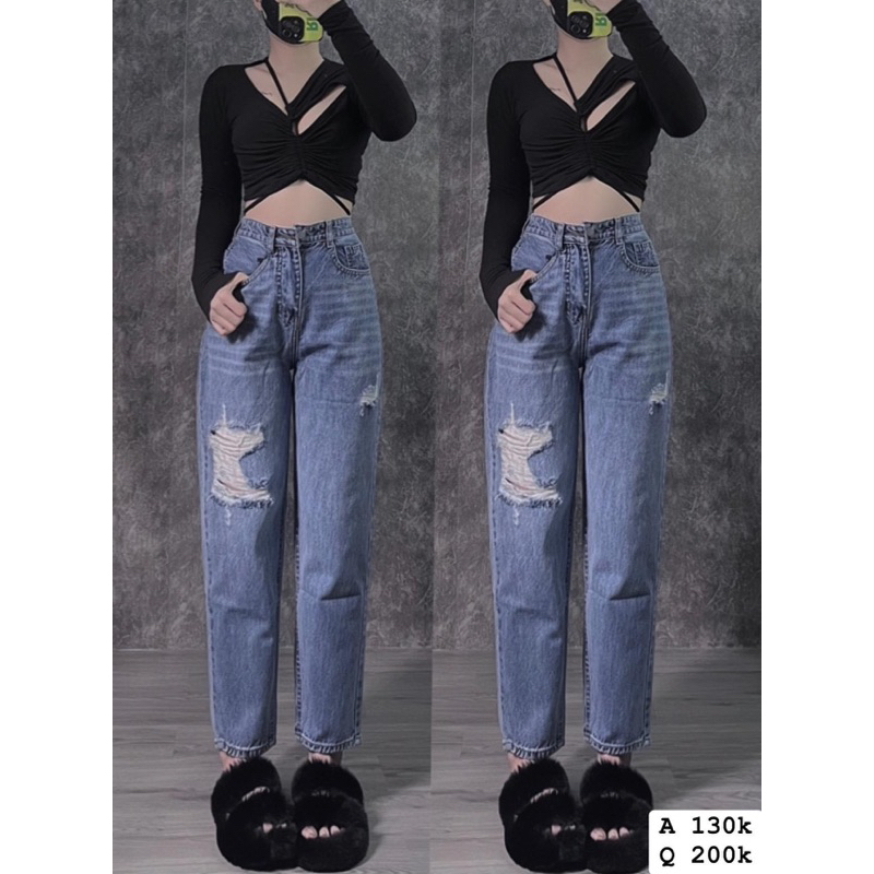 Set Baggy jeans rách + áo kiểu gân tay dài sexy 2024