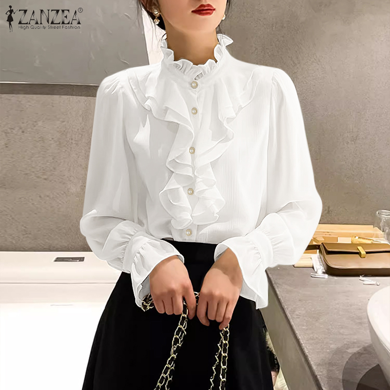 ZANZEA Korean Style Womens Court Style Stand Neck Chiffon Blouse