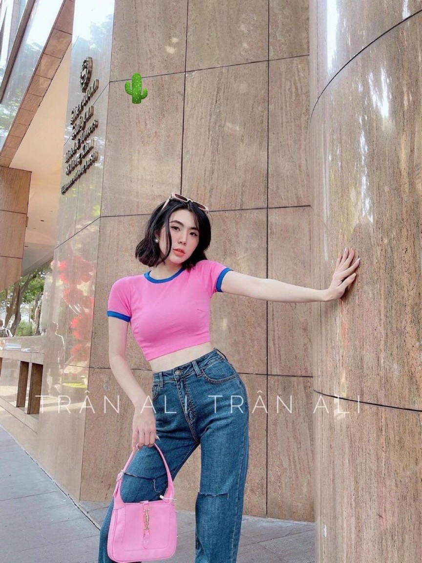 Áo thun croptop cổ tròn ngắn tay phối viền màu cute ttpk0358