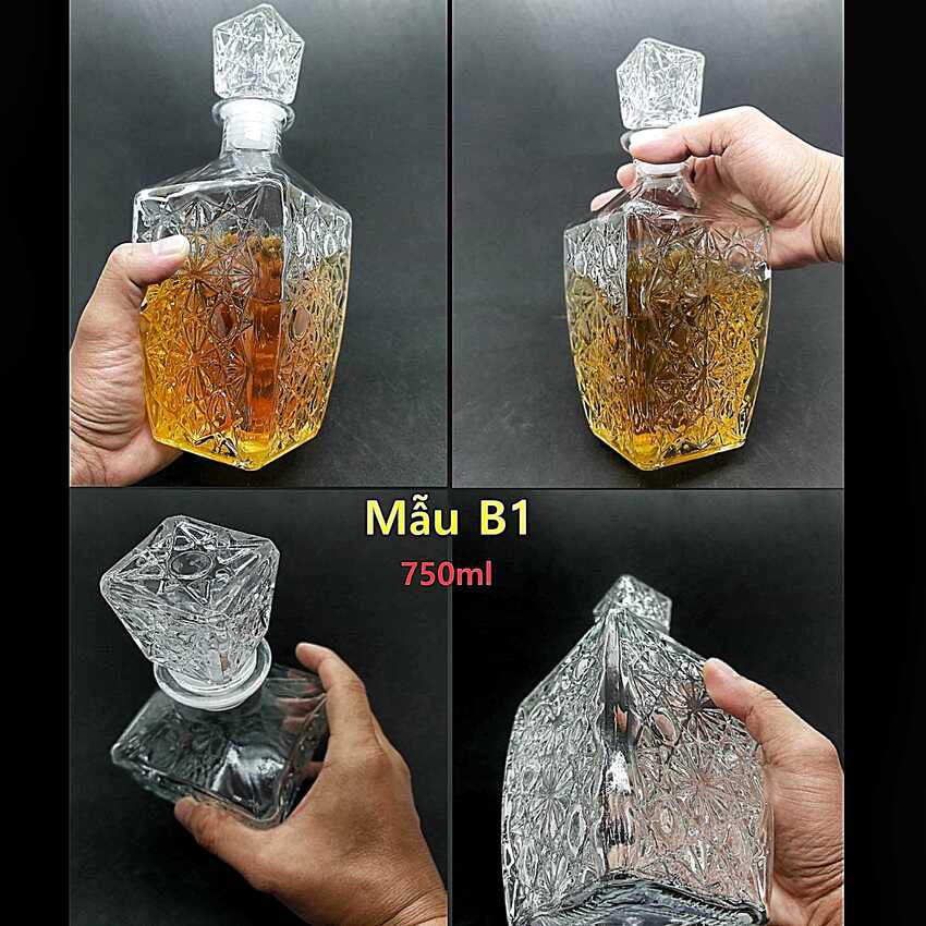 Chai Thủy Tinh Đựng Rượu 750ml (combo 2 cái) mẫu vuông vát đáy họa tiết nổi – Vỏ Chai Rượu Đẹp – Bình Đựng Rượu trong suốt (B1)