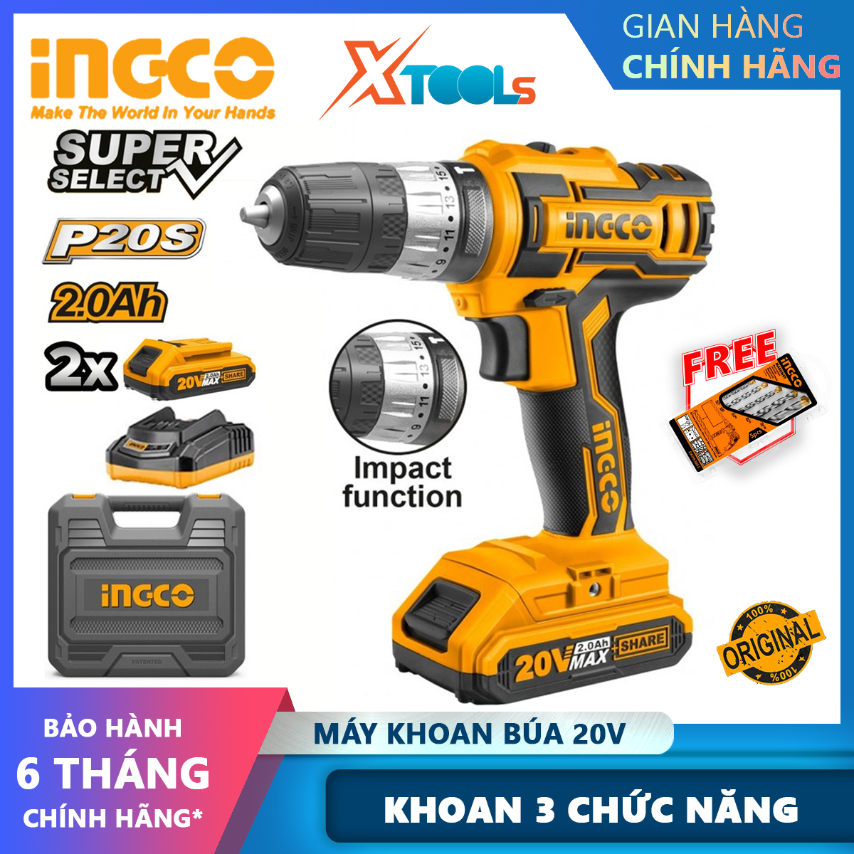 Ingco 20V cordless hand drill hammer drill 3-function screw driver with 2 rechargeable batteries send out screw driver bit 0.8-10mm drill bits