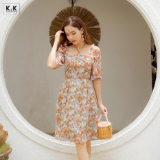 Đầm Xòe Hoa Cổ Phối Nơ K&K Fashion KK111-24 Tay Phồng Chất Liệu Voan Nhung