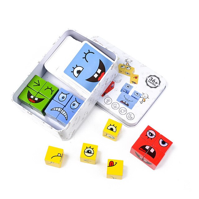 Cube Face Change Building Blocks Board Game Wood Puzzle Montessori Expression Wooden Blocks Blocos For Children Kids Toys Gift
