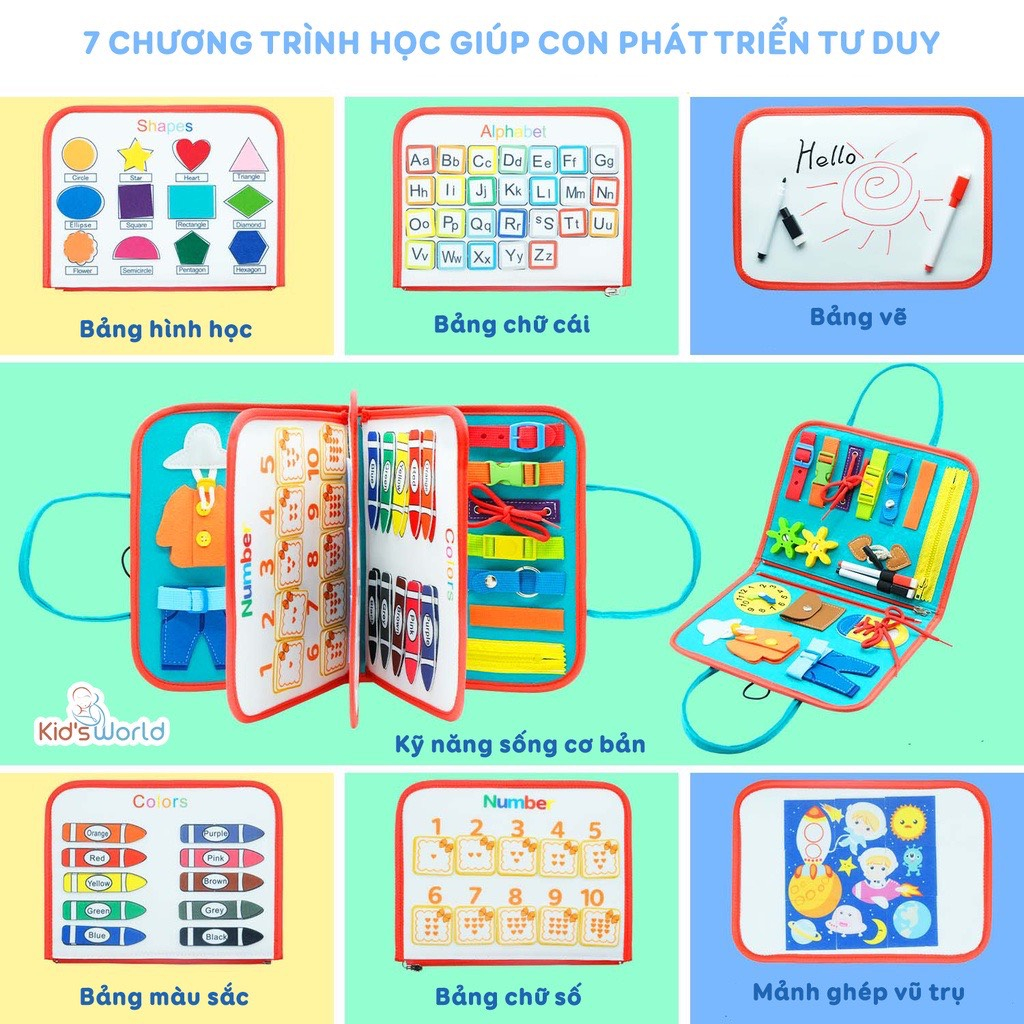 Đồ chơi montessori cặp bận rộn, bảng bận rộn busy board 7 in 1 thiết kế dạng cặp sách thuận tiện cho bé mang đi khắp nơi