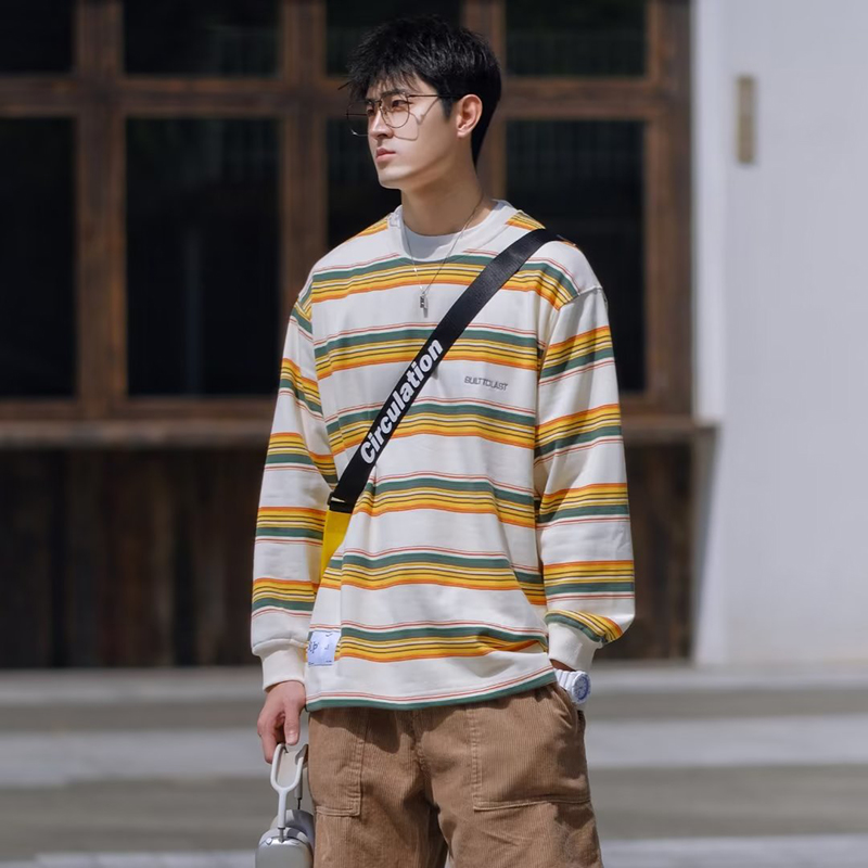 MOLAN Áo sweater nam áo chui đầu cổ tròn của nam áo sọc trùm đầu sọc Retro Áo thun mỏng